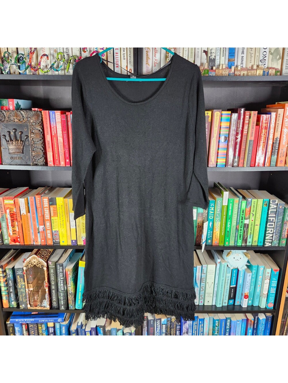 R&K Black Fringe Sweater Dress XL Long Sleeve Knit Boho NWT